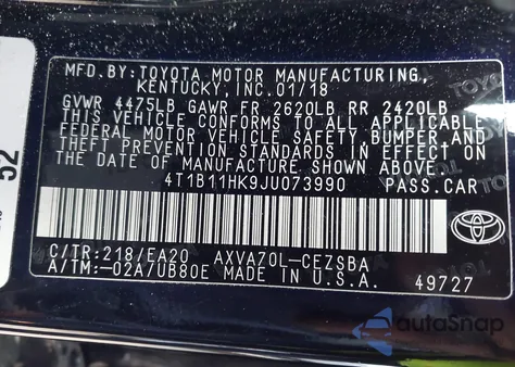 2018 Toyota Camry Se из США, поврежденный, VIN 4T1B11HK9JU073990